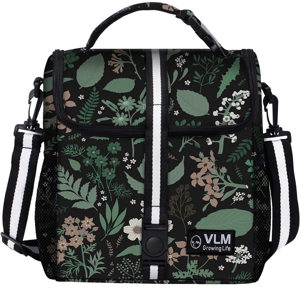 VLM Insulated Lunch Bag Floral Botanical Black Green Large Tote Shoulder Strap